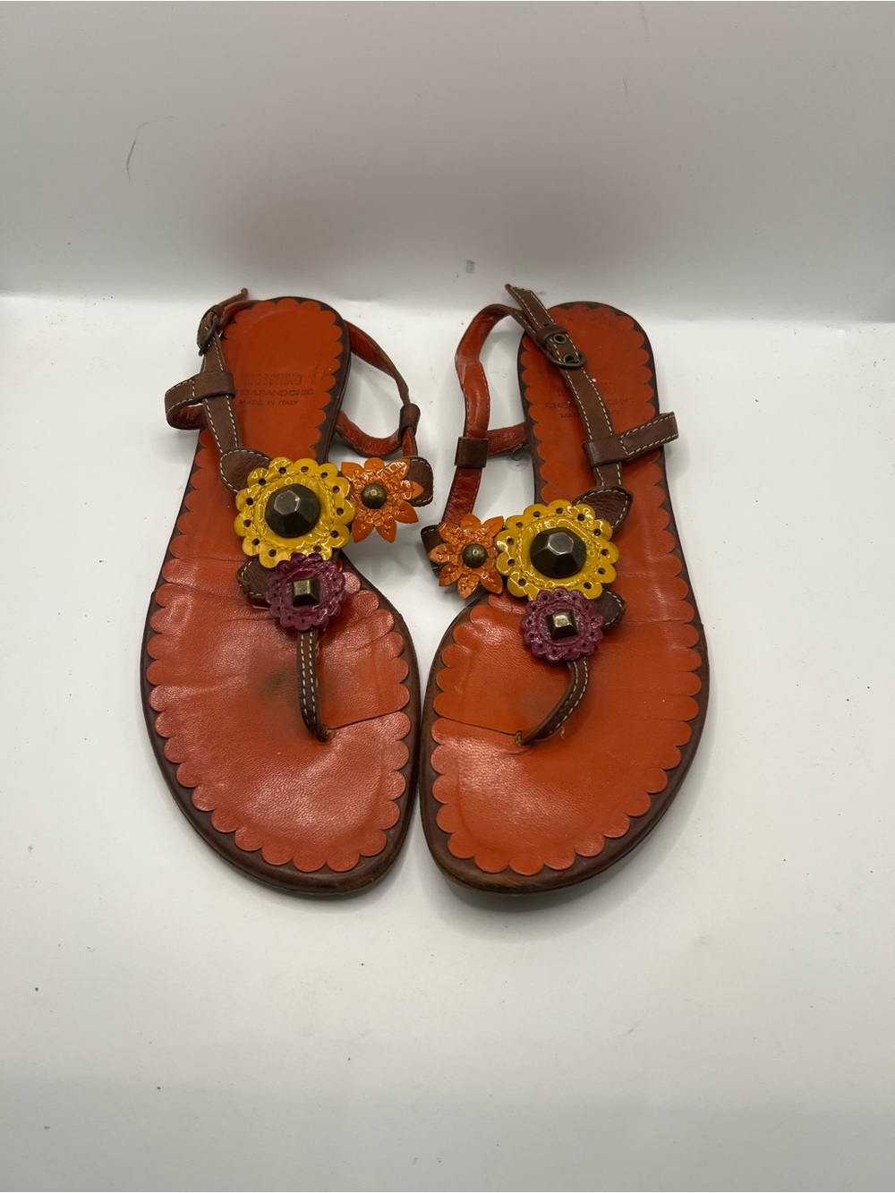 Moschino Orange Floral T-Strap Sandals with Yellow & Pink Accents